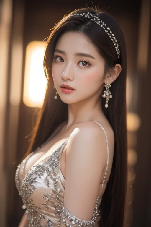 High-quality work，Realistic works，Super premium graphics，8K HD CG works，high quality graphics，High-definition and exquisite CG works，10x pixels，Ultra-fine details：1.1，Advanced technical details：1.1Realistic photo effects，Interior lighting effects：1.5，natural soft light：1.5. Light effect（Virtual light effects：1.8），ultra high resolution，shining dress，sliver long hair，silber hair，transparenthair，high detailed hair（Quality hair details：1.1）Clear eyes，Double eyelids look good，Sharp eye makeup, Create exquisite eyelash makeup, tthin eyebrows, Ultra-detailed eyes，a tall nose, lovely red lips, rosey cheeks, With delicate makeup on her face , pretty face, The face shape is perfectly proportioned,（Advanced facial details：1.1）(A hyper-realistic)、(illustratio)、(hight resolution)、(8K)、(ighly detailed)、(Best Illustration)、(beautifully detailed eyes)、(top-quality)、(Ultra-detail)、(​masterpiece)、(wall-paper）、 detailed face）、solo、1 girl in、looking at viewert、fine detailed、A detailed face、 the darkness nigth、deep-shadows、lowkey、pureerosfaceace_v1、A smile、long、Black shawl straight hair、46-point diagonal bangs,　（silk dresses、long  skirt）(off shoulders）View of the castle、、Stand against the wall，Women's artwork，Dress full body video，Realism，Amazing Cleavage，My eyes are very bright today
