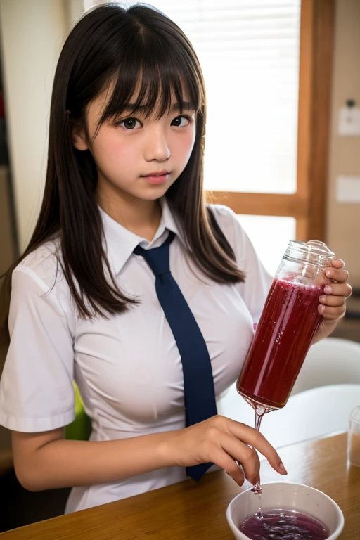 Girl sit on the table, wearing uniform, short skirt, smilling, wet uniform, rainny