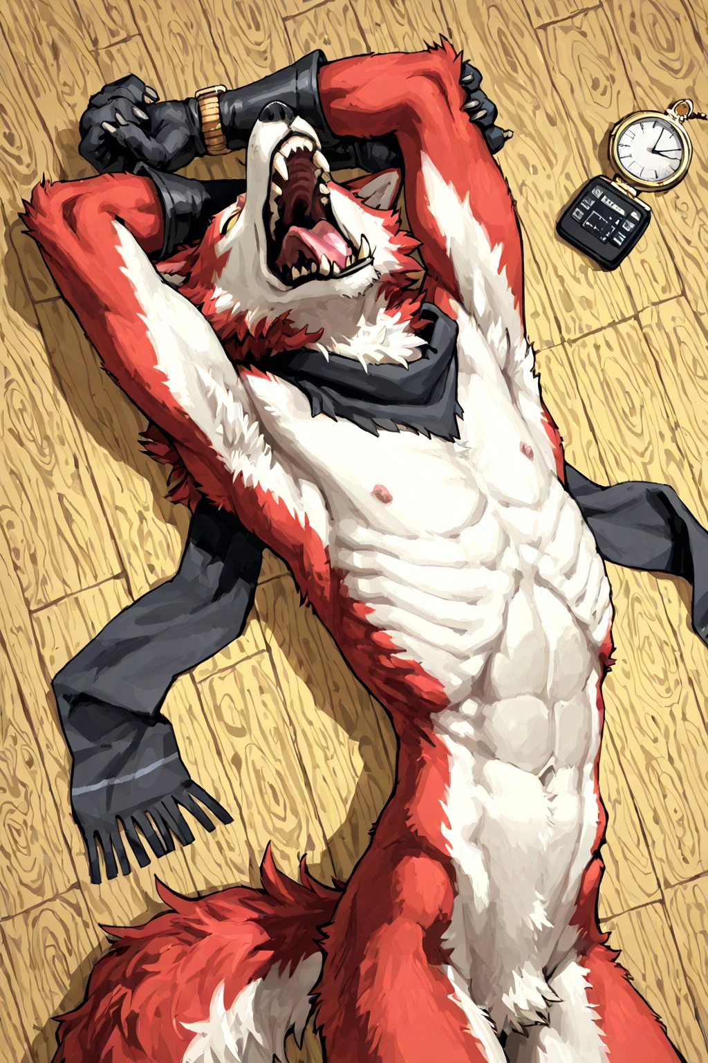 score_9, score_8_up, score_7_up, score_6_up BREAK furry, anthro, source furry, uploaded on e621 BREAK barcode tattoos on the body, (robot, android, mechabare:1.6, severed limbs, severed arms, severed legs, broken abdomen, heavily damaged abdomen, destroyed abdomen, ????, amputee, dismembered, dismemberment, broken, damaged, heavily damaged, destroyed), solo, male, adult, extremely muscular, muscle, fox, red fur, white chest fur, short messy dark blue hair, detailed eyes, hard nipples, cargo shorts, component, mechanical parts, mechanical component, lying, lying on the ground, leaning back to box, pile of trash, in the trash dumping ground, trash dumping ground background, angry expression, looking away, BREAK good quality, best quality, high quality, high definition, hd, 4k, 8k, masterpiece, intricate, extremely intricate, intricate details