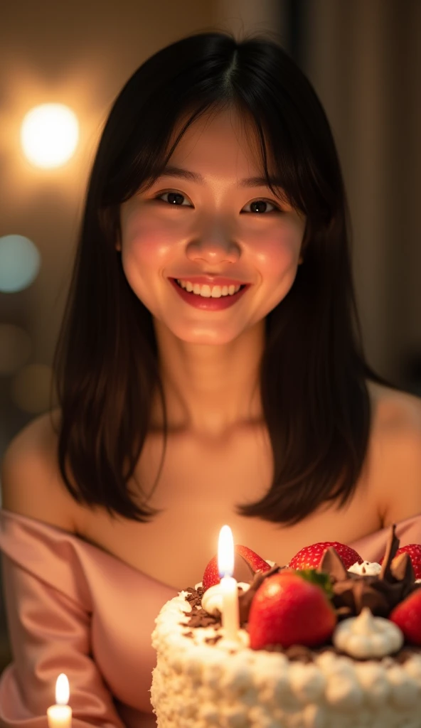 photorealistic, masterpiece, photorealistic, high resolution, soft light, hips up, blue eyes, black hair, short hair, Intricate details EABA, 1 girl, one foot placed on the chair, showing off her pussy, nude, medium breasts, Red Velvet cake, Lovable date, (Red Hearts:1.1), birthday cake, candles 27th、private room, smiling happy, cute wavy curly hair