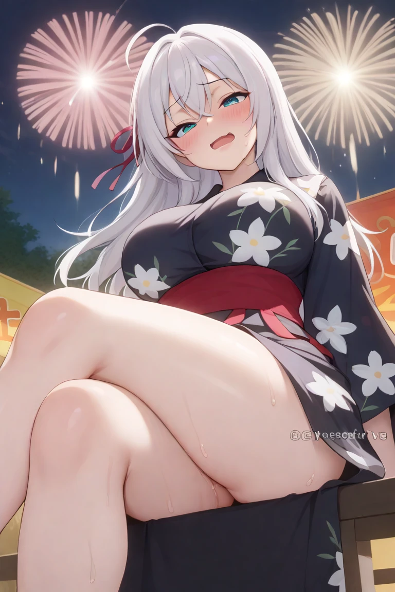 ((One personの女性)), Beautiful Face, (Laughing embarrassedly), (naughty face:1.1), ((Wink:1.8)), (head tilt:1.3), looking at viewer, upper teeth, Laugh with your mouth wide open, ((drooling:1.5)), ((humid:1.7)), ((full-face blush:1.6)), sit, ((groin focus:1.3)), ((spread legs:1.3)), ((spread her pussy:2.2)), ((pussy juice stain:1.5)), (Shining Face),Glossy red lips, Rooftop terrace, firework, ((Anime style background)),masterpiece, Highest quality, so beautiful,up to date, Complex details, (Pink long nails),(ring),(bracelet),(Floral choker),AI-generated, Complex,High resolution, Highest quality, super high quality,3D Images、3D Images,One person,Long white hair,High Ponytail, Anime woman posing for a photo,(blue eyes), ((Fine grain、Silvery white eyes、Shining Eyes:1.3)), (Squint your eyes:1.1),a hyperRealistic , hyperRealistic , Realistic,Anime woman with long white hair, Smooth anime CG art, A woman in a colorful kimono with gold embroidery, (Black long sleeve kimono),Red floral pattern,Long flower hair ornament,Earrings,Mature Body,(Big Breasts:1.1), breast grab, Tall,Abdominal muscles,Tight waist, (face seals:1.1), ((from side and slightly from below)),