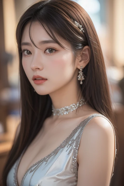 Princess , in castle, high quality, super quality, (detailed face:1.2) ,beautiful woman , golden eyes, long hair , tight gorgeous dress, tiara, necklace , earring , sharpe eyebrow , beautiful bangs are covering her eyes , huge breast  ,upper body , detailed hands 