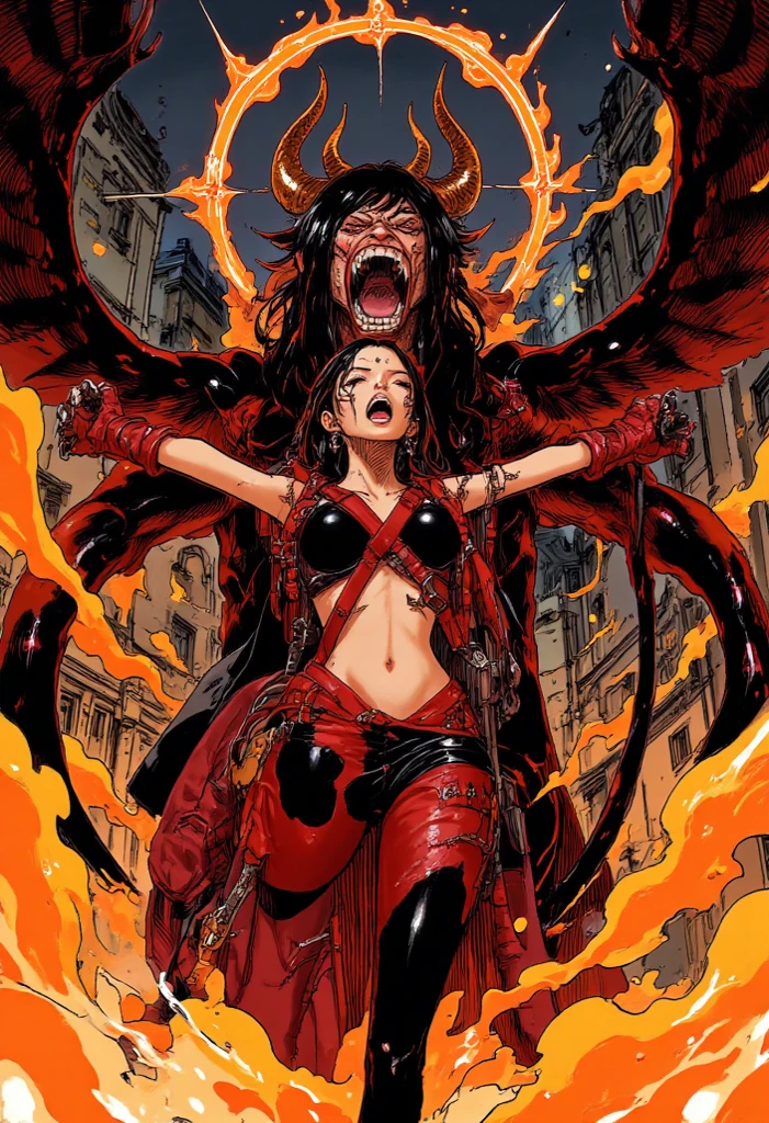 ein Bild eines weiblichen Teufels, Leder , figurative, with their wings in the fire, im Stil des detaillierten Realismus, Voidcore, staubige Haufen, black paintings, Changelingcore, UHD-Bild von Boris Vallejo