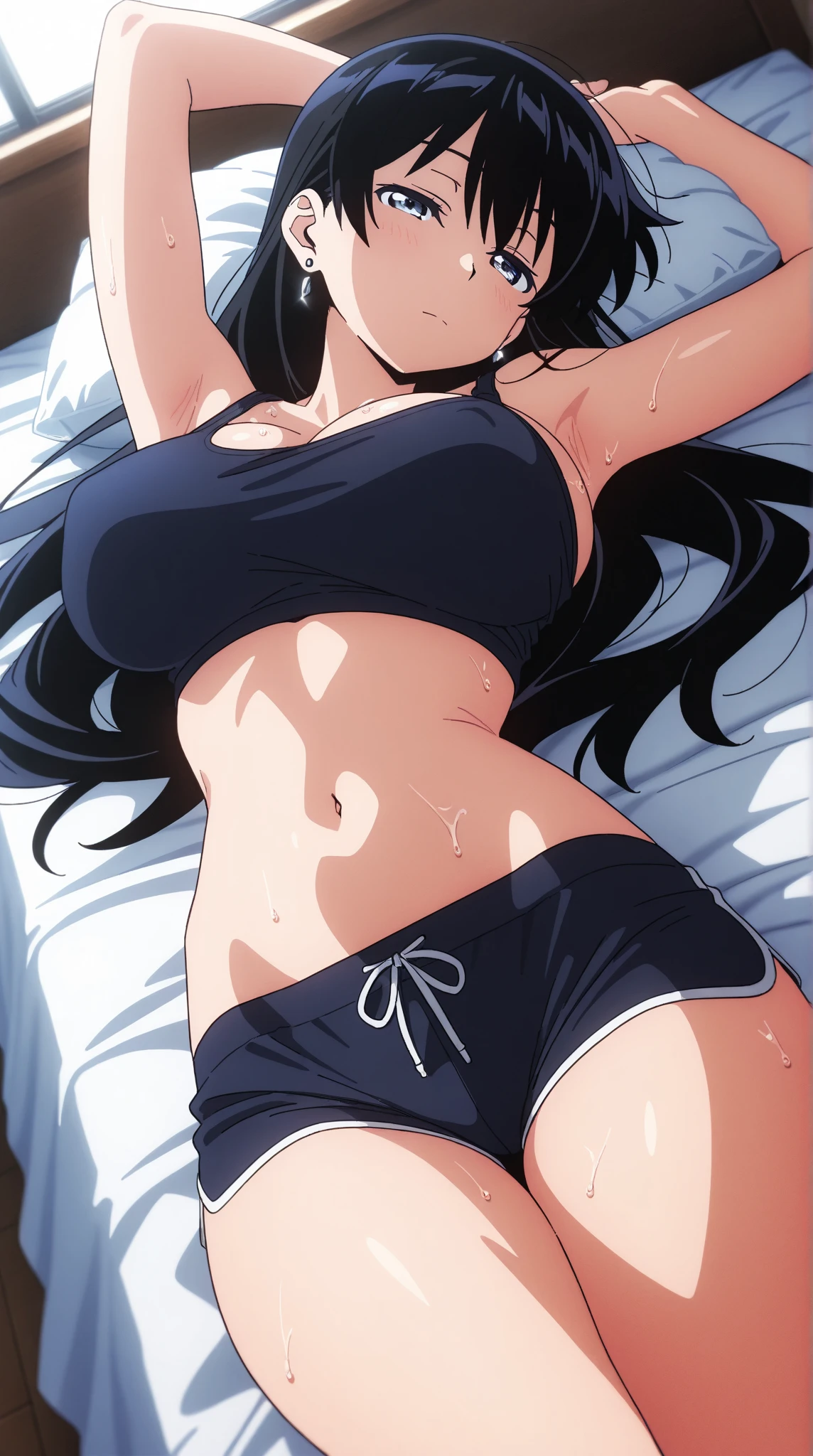 美女が黒の極限まで露出したビキニを着て白いベッドにProneで寝転がりお尻をこっちに向けている(Wearing nothing but a bikini)、Turn your back towards the viewer、Beautiful ass、Sweaty、Highly transparent, beautiful sweat、Sweat dripping、Steamy、She smells good、Pale skin、Prone、Lie down、The crotch is clearly visible、Spread your legs and show me