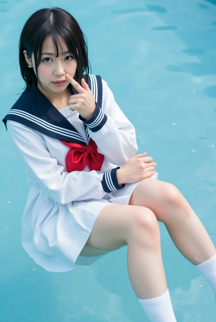 (masterpiece, 8k, best quality:1.2), in the river, outdoor, 1girl, 20 yo school girl,  smile, looking at viewer,  sailor uniform, wet clothes, soaked, wet hair, wet skin, translucent, glistening with oil, drenched, bright sunshine, soaked heavy clothes, playful, black hair, short bob