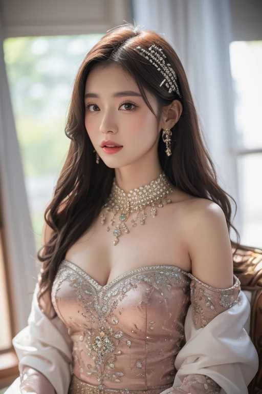 (Realisticity: 1.2), Best quality, 8K UHD, Masterpiece, A high resolution,CG, 1 Super meticulous girl, Super detailed queen,fully body photo,Jade foot,Long legs, Super elaborate palace scene, Inviting, Fox Palace background, Beautiful and detailed, Super fine long hair, Wearing a beautiful and luxurious diamond crown,Super meticulous, Super detailed dress, Super detailed dress sleeves, Super detailed beautiful earrings, Beautiful beautiful necklace,Full of super detailed diamonds, Solo, jewelry, Super detailed red and blue dress, Pretty face, fully body photo,Long legs, Beautiful, Tight noble heels,and super detailed, , Earrings, Super detailed hairstyle, spatter, The upper body is very ultra-delicate, Super delicate bun, Super fine brunette hair, lighting,candid,photographed,high resolution,8K,Bokeh, (((the body from thighs up:1.3))), ((looking at viewer:1.3)), ((smile:1.2))