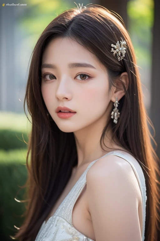 highest quality、realistic、Photoreal、very detailed、very delicate and beautiful、Raw photo、professional lighting、 light、written boundary depth、focus only、Full body Esbian,1 female (beach at night):1.4)、brown haired、brown eyes、small head、beautiful eyes、dark eyeliner、very big breasts、real face、real skin、lifelike face、real looking skin、detailed eye、detailed  features、Detailed features of the garment、(fashion clothing:1.3) ), (fashion hairstyles: 1.3)、 looking at the viewer, simple background, Magnificent face and big, beautiful teeth、