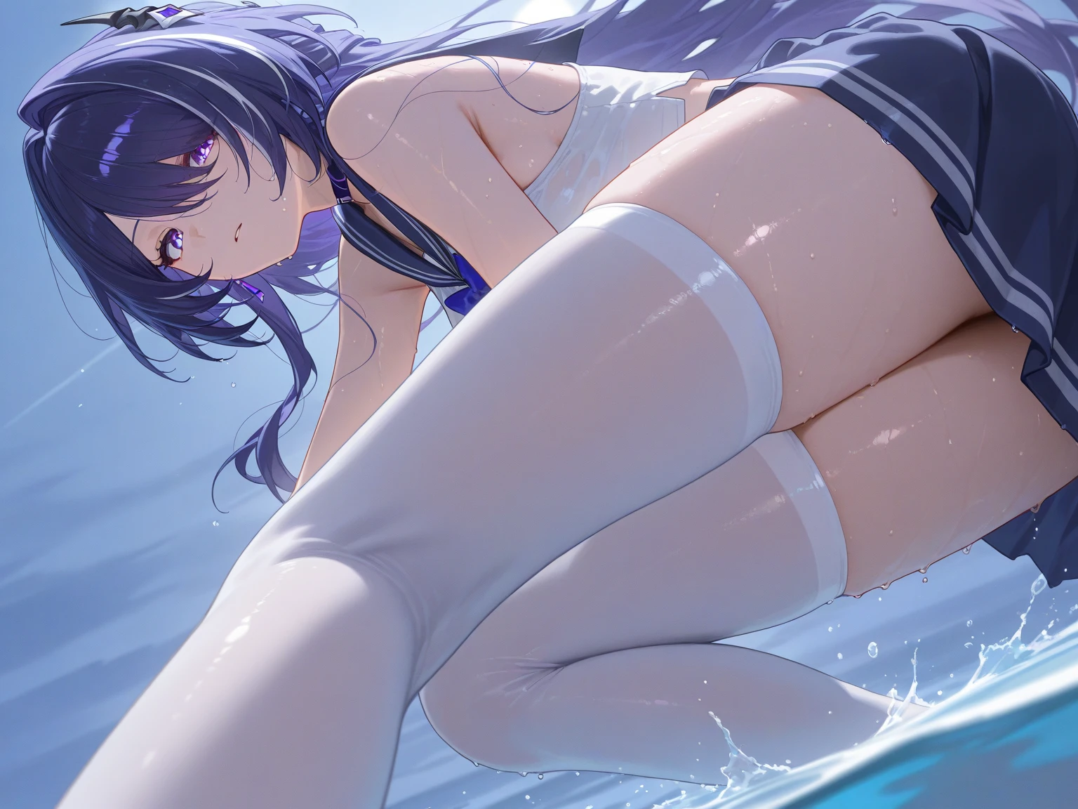 sitting by the pool、Dipping feet in the pool、Inserting a vibrator into your、blush、The vibrator overflows with pussy juice、The vibration of the vibrator makes her pussy juice drip、Vibrator Masturbation、Horny girl、、Her pussy juice is dripping down to the ground、Stringy pussy juice、A young girl with a baby face、Lingerie in skimpy、Lace Stockings((A vibrator is placed in her underwear and manipulated, causing her pussy juice to overflow and make her faint in agony.))(Angle from below)