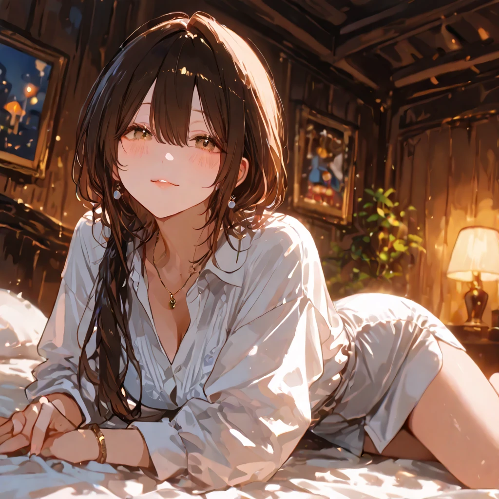 Attention to detail, high quality, high resolution, 4K, 8K, she is sitting next to the window, raining outside the window, she is in the bedroom, she has long brown hair, she is relaxing, she has beautiful eyes, brown eyes, warm atmosphere, calm atmosphere