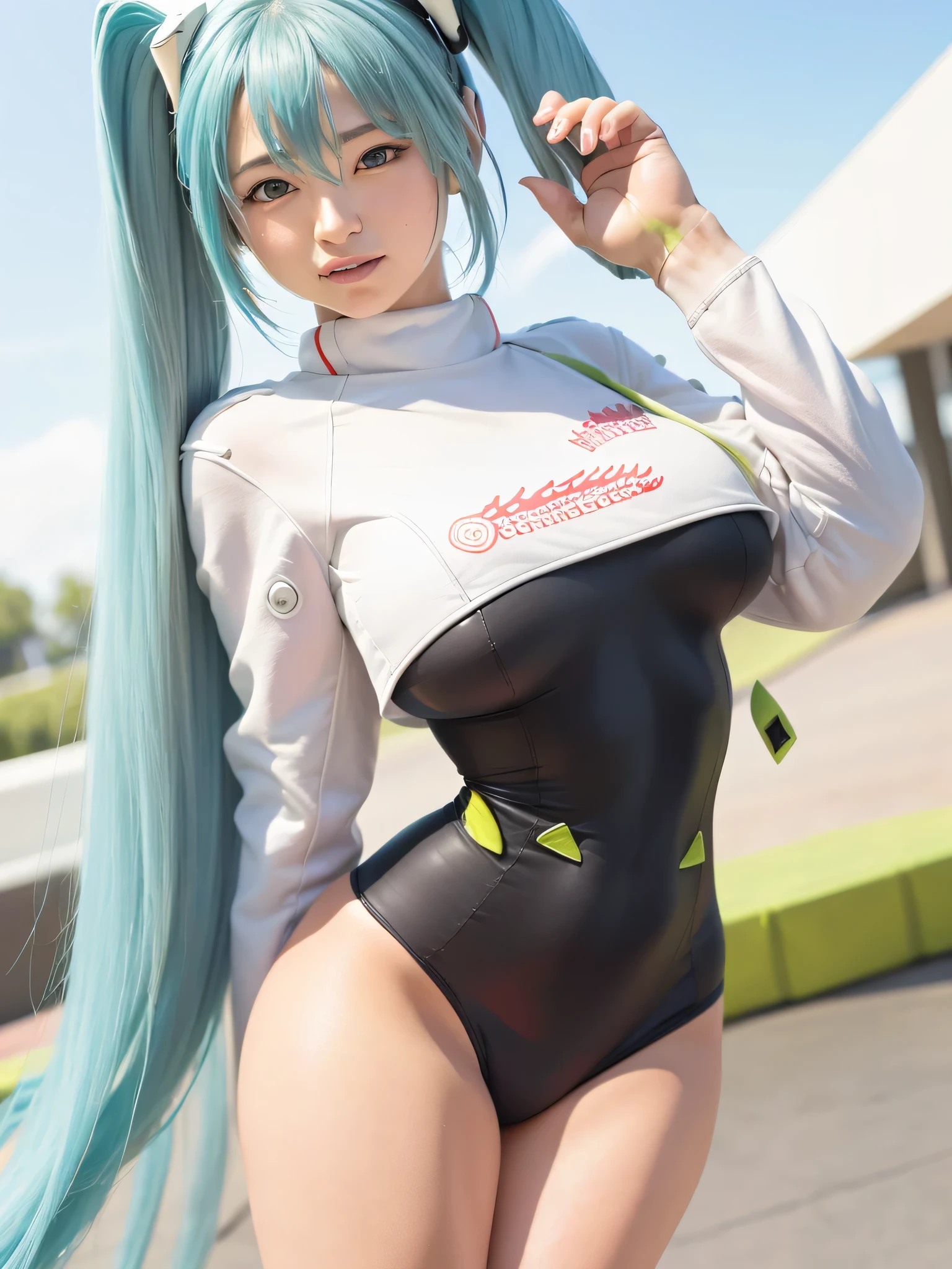 Super detailed, NSFW, masterpiece, High resolution, Photorealistic digital art, perfect lighting, (((1 girl, perfect anatomy))), accurate right hand, accurate left hand, five fingers, perfect style, (hatsune miku,) 3d face, big light blue-green eyes, glossy lips, blue-green long hair, shiny skin,  (((twin tails))), big square hair accessories, (Chun Li), Blue tights fighting suit, small jacket, Downtown, outdoor,