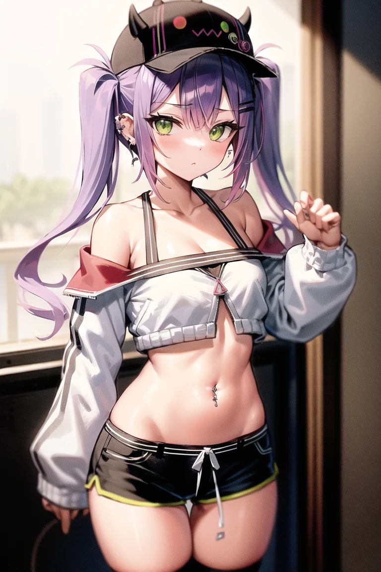1 girl from an anime with purple hair, in the bedroom, 1girl, alone, ((sadistic)), yellow eyes, purpose, pink hair, Looking at me, ((Tensure)), ((last)), wearing a short bikini , right side ponytail, (((toned legs))), thick muscular thighs, slim waist, muscular belly, hands on hips, barefoot, 8k, ultra realistic
