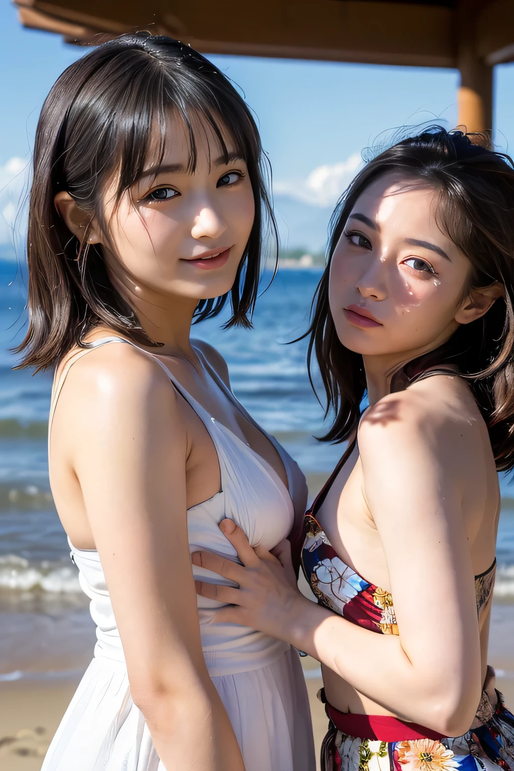 Photorealistic perfect body、Japan models、a blond、Wearing a white tight swimsuit、Happily cuddling on the beach、Enjoy、Splashes fly and hit your face、Close one eye、Healthy beauty、Sexy Full Body、Shyness and laughter、toned body