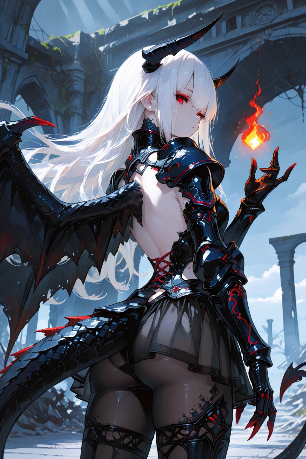 1girl, spiky messy white long hair, red eyes, mechanical eye, ear piercings, blood, tattoos, bats, mechanical arms, wearing black mechanical suit, wearing black fur cloak, mechanical wings, mechanical horns, graveyard, night, high res, ultrasharp, 8k, masterpiece, looking at viewer