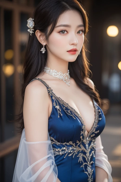 Tzuyu 1, woman, (Realistic), (Hyperrealism), (photoRealistic), Written boundary depth, eye make up:0.7 (whole body:1.8), (Large Bust),(Tight waist), Observe the audience,At the flower garden, Fashion Model, A sexy sheer dress made of all lace with an open shoulder and neckline.