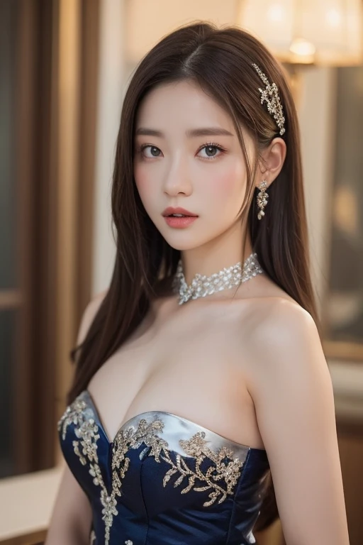 a beautiful empress portrait, black hair, perfect blue eyes, with a brilliant, impossible striking big Christmas headpiece, sexy skimpy clothes Santa robes, everything Christmas, snow, symmetrical, dramatic studio lighting, rococo, baroque, asian, hyperrealism, closeup, D&D, fantasy, intricate, elegant, highly detailed, digital painting, artstation, octane render, 8k, concept art, matte, sharp focus, big breasts, slender body, full body shot, ((show breast, show nipples))