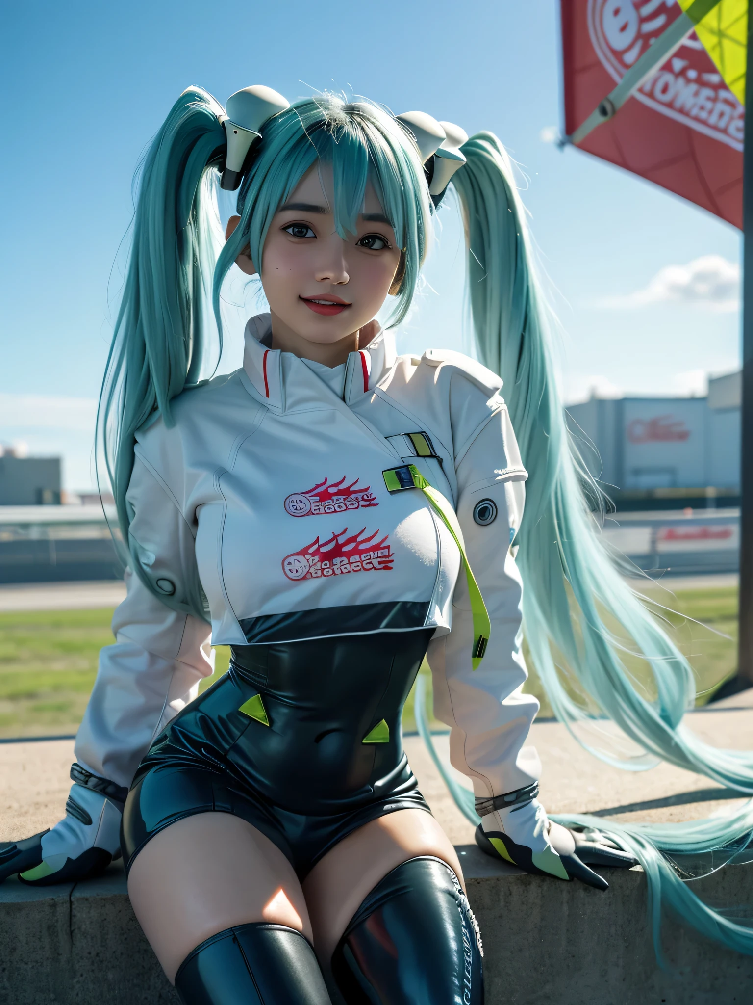 8K, highest quality, masterpiece, realistic, ultra detail, photo realistic, Improvement of quality,(looking at viewer), (masterpiece, highest quality, super detailed, best shadow, volume lighting), (beautiful detailed face, beautiful and fine eyes), (best illumination),masterpiece,(super detailed),1 girl, smile, car,  racecar, circuitry,  racing Miku, black bodysuit, cropped jacket, white jacket, long sleeve, Two-tone gloves, thigh boots,(Aqua blue hair), big breasts