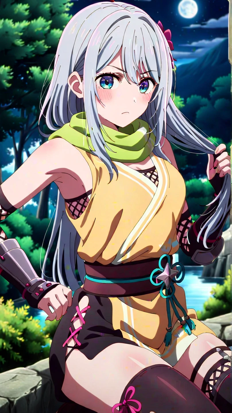fielnirvalen, <lora:fiel nirvalen s1-lora-nochekaiser:1>,
fiel nirvalen, long hair, blonde hair, hair ornament, (purple eyes:1.1), pointy ears, elf, circlet, (parted bangs:1.5),
BREAK detached sleeves, underboob, skirt, bare shoulders, shirt, white shirt, collared shirt,
BREAK outdoors, forest, nature, sun, sky, clouds, trees, river, grass,
BREAK looking at viewer, (cowboy shot:1.5),
BREAK <lyco:GoodHands-beta2:1>, (masterpiece:1.2), best quality, high resolution, unity 8k wallpaper, (illustration:0.8), (beautiful detailed eyes:1.6), extremely detailed face, perfect lighting, extremely detailed CG, (perfect hands, perfect anatomy),