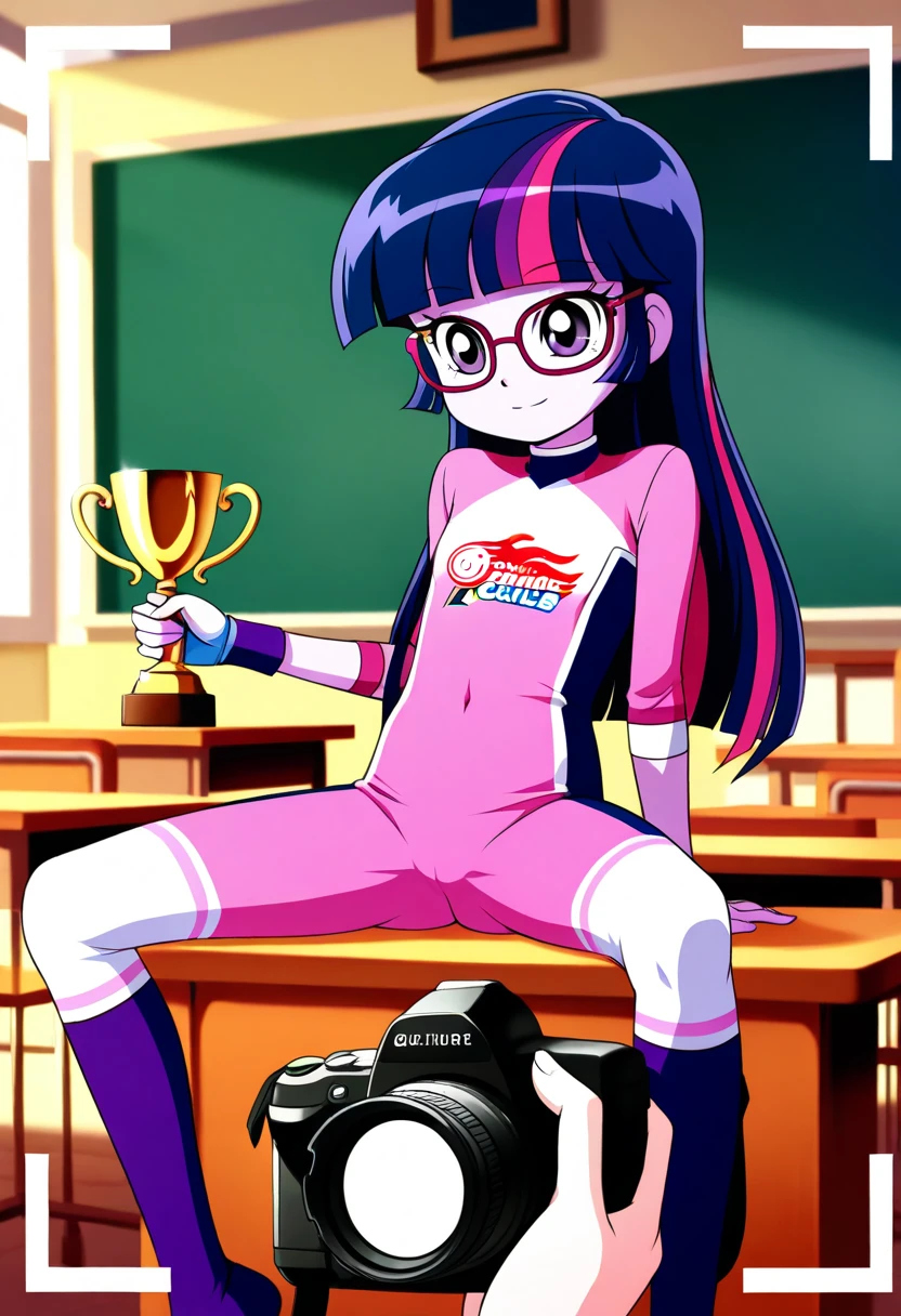 ((High Quality image 10k)) (( perfect autonomy)) Masterpiece, Twilight Sparkle, Solo girl, evil smug smile, ponytail, wearing black glasses, naked, big breasts, big feet, Twilight Sparkle Equestria Girls, spreading legs, pussy focus, in the park, Twilight Sparkle, cuerpo completo, high resolusion