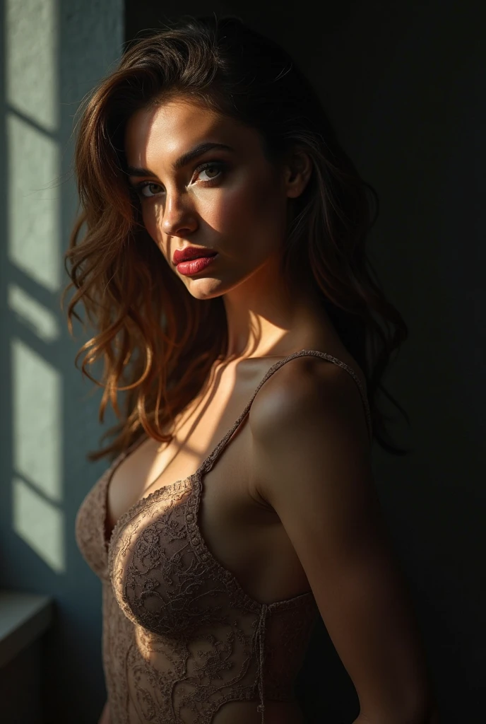 A country brunette, thirty-five years old  woman with light brown hair. Her hair is split at her right side. She has a small waist and two beautiful thick thighs. She has a perfectly defined, oval face with perfect drawn almond, light brown, big  symmetric eyes with well defined and drawn iris and pupils. She has a small chin. She has beautiful reddish cheeks. She has slightly pronounced cheek bones. She has long eye lashes. She has big, very red, extremely well drawn and symmetric kissing lips. Her nose is always extremely well drawn, symmetric, thin and perfect, with two small nostrils. She has beautiful and perfect, well drawn hands. Her nails and toenails are painted in red. She has a red lipstick on her lips. She has very visible, thin tan lines. She has big, perfectly symmetric round breasts. She has a perfect belly. She has a very big, beautiful butt. She has a tribal tattoo from her lower back up to her thigh and another her right arm. She is standing up on the top of a skyscraper with a perfect view to a metropolis at night. We can see her beautiful breasts. It is dark outside, but we can see the shiny city in the background. Her whole body is facing at the camera.