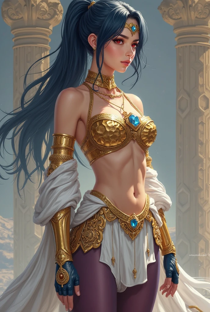 (Masterpiece, best quality, official art, 8K, high resolution), HD image, ultra-detailed, a cartoon image of a Sky Blue Skinned female Djinn with blue hair and blue eyes, a chain around her neck, Human Hybrid Djinn, (((((Her sky blue skin))))), skin genie girl sky blue, alone, Krenz Cushart and Artgerm, aesthetics!!!!!!, female genius, she is huge, beautiful girl genius, a celestial appearance, eyes are large and expressive, ((deep blue eyes)), exotic eyes, detailed eyes, ((long blue hair)), wavy and flowing, wears an exotic outfit, (((She wears a white top adorned with sparkling jewels, her skirt is long and flowing, made of lightweight silk, with layers that move gracefully with each step))), the skirt is decorated with intricate embroidery in silver and gold, waist sash decorated with precious stones, artgerm style, Water Elemental Woman, Goddess Inanna, The Greek goddess Afrotita, aesthetic!!!!!!, (1 Female Genie Djinn), (Big Breasts), Beautiful Genie, Evil Goddess, Djinn Character, ideal body proportion, ((Detailed Body)), mega detailed sensual body, perfect goddess body, Cuffs with Hanging Chains, Colorful Concept Art, Spiritual Fantasy Concept Art,Genius character who is a female Djinn with sky blue skin, blue hair and blue eyes, elf ears, wearing a white top and wearing a long white skirt as well, (Sky Blue Skinned Elf-Djinn).