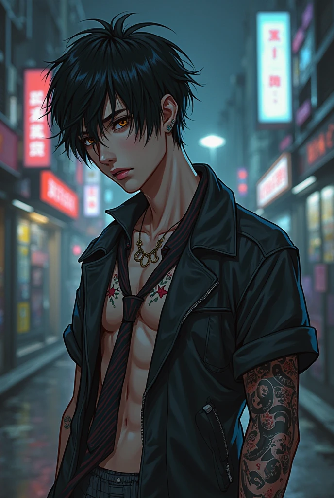 Japan, high-res, highest quality, illustration, ultra detailed, (detailed face), (detailed eyes), soft lighting, best quality, hazy glow, dreamy atmosphere, hyper detailed, masterpiece, 1boy, solo, black shoulder length-hair, green eyes, leather jacket(shirtless), yakuza type, luminous eyes, muscular, scar over lip, (colorful), cowboy shot, from below, outdoors, morning, clouds, tall buildings in background, industrial, public transportation, urban, concrete buildings, concrete, sidewalk, busy, trees, autumn, falling leaves, scars over chest tattoo's,