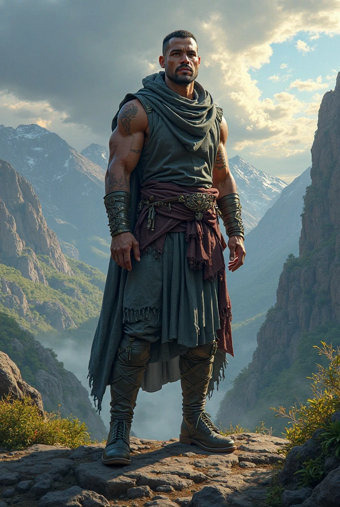 A robust, muscular warrior with entirely brown hair, dressed in green and black attire. He stands powerfully in the middle of a vast, rugged field, surrounded by the raw, natural beauty of the terrain. His massive, clenched fists are the only weapons he needs, showcasing his formidable strength and his connection to the earth. The ground beneath him appears to be shifting and responding to his presence, with subtle tremors and movements in the soil emphasizing his control over the element. His stance is firm and commanding, with his eyes glowing with a deep, earthy intensity that highlights his mastery of earth magic. The scene captures a dramatic and imposing presence, with the background displaying a rugged field, partially disturbed by the warrior’s earth manipulation. The image is rendered in a photorealistic, hyper-realistic 8k style, with studio lighting, featuring rich, natural colors, detailed textures of the soil, and dramatic lighting that accentuates the warrior's raw power and connection to the earth.