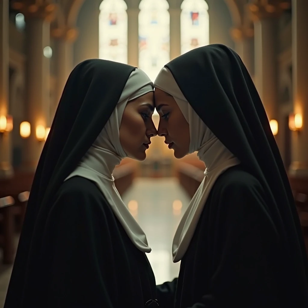 Two beautiful ethnically diverse nuns (wearing revealing sheer habits) embrace and kiss passionately in a huge gothic library at night during a thunderstorm.