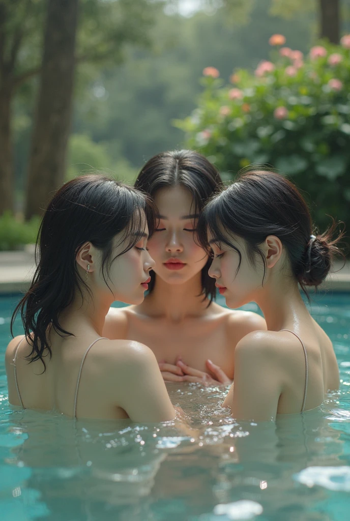 NSFW, ((masterpiece)), ((highest quality)), (Super detailed), (8k), highest quality, (beautiful), hyper cute face, hyper genuineistic, dynamic angle, clear outline, (3girls), beautiful light brown hair, beautiful brown eyes, ((beautiful eyes)), various hair styles, ((Small natural breasts)), ((different faces)), individual bodies, slim bodies, sexy poses, happy sweet expression, 20 yrs old, detailed fingers, detailed faces, ((Petite Breasts), group photo, full-body visible, full-nude, private pool, lesbians kissing