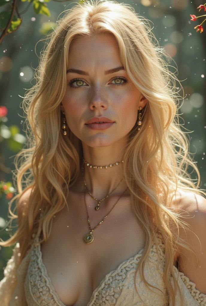 Photo, (sharp focus:1.1), attractive young woman, wearing detailed (loose top:1.2, hand made jewelry:1.2), freckles, (natural breasts_b), (dirty blonde hair:1.1 ), (hourglass body:1.3), (beautiful face:1.1), depth of field, 4K, HDR