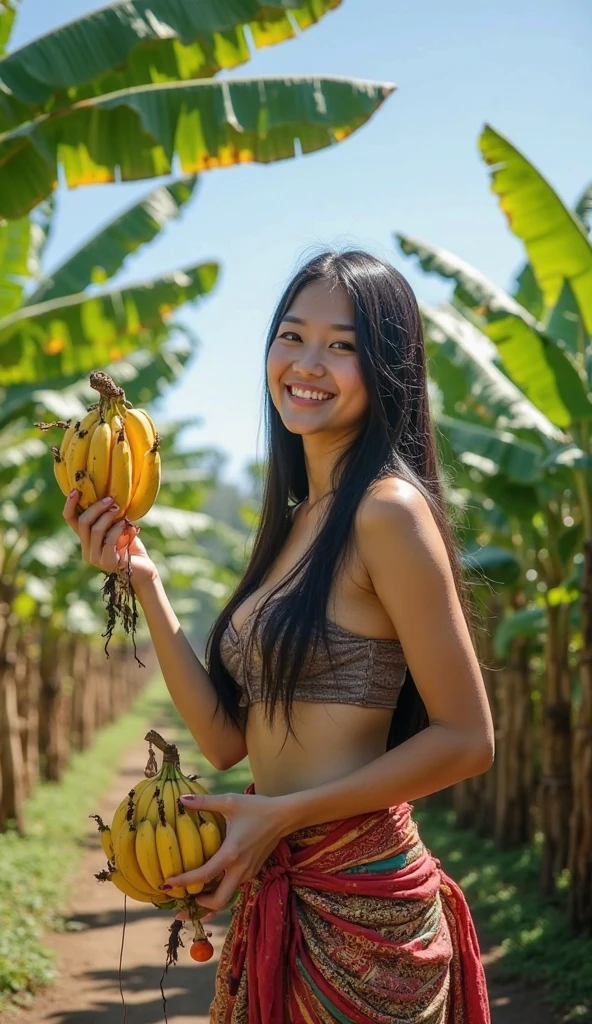 an Indonesian woman,badan sexy,short t-shirt and skirt,sitting in a banana plantation on the edge of the village,carrying a large banana full of white mayonnaise liquid,An expression of exhaustion,climax satisfied smile,mouth full of mayonnaise