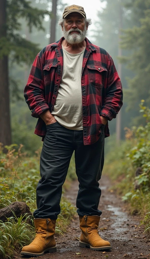 Style Snthwve Nvinkpunk Drunk Man (Only chubby, plump male image, with extremely thick thighs, a big belly, fat.
he is 56 years old.
He is bearded, full beard, very long beard.
he wears prescription glasses.
wearing red and black plaid shirt and black leggings, flannel, wearing red lumberjack shirt, wearing plaid shirt, plaid shirt, wearing flannel shirt, wearing plaid shirt, flannel lumberjack, wearing a red plaid dress, red shirt, wearing shirt, photography of clothes, shirt, western clothes, lumberjack, button-up shirt, red and black, unbuttoned shirt. shirt is open.
He is sitting on a wooden tree log with his legs open.
he only wears red swim trunks.
he wears white shoes and socks.
He wears bracelets and a watch on his wrist.
he wears rings on his fingers.
He wears a Nordic cord around his neck.
background scenery an amazing forest and fantastic clouds in the sky), Sandman delirium, (hallucinating colorful soap bubbles), por jeremy mann, por sandra chevrier, por dave mckean e richard avedon e maciej kuciara, punk rock, tank girl, alto detalhado, 4k, RTX