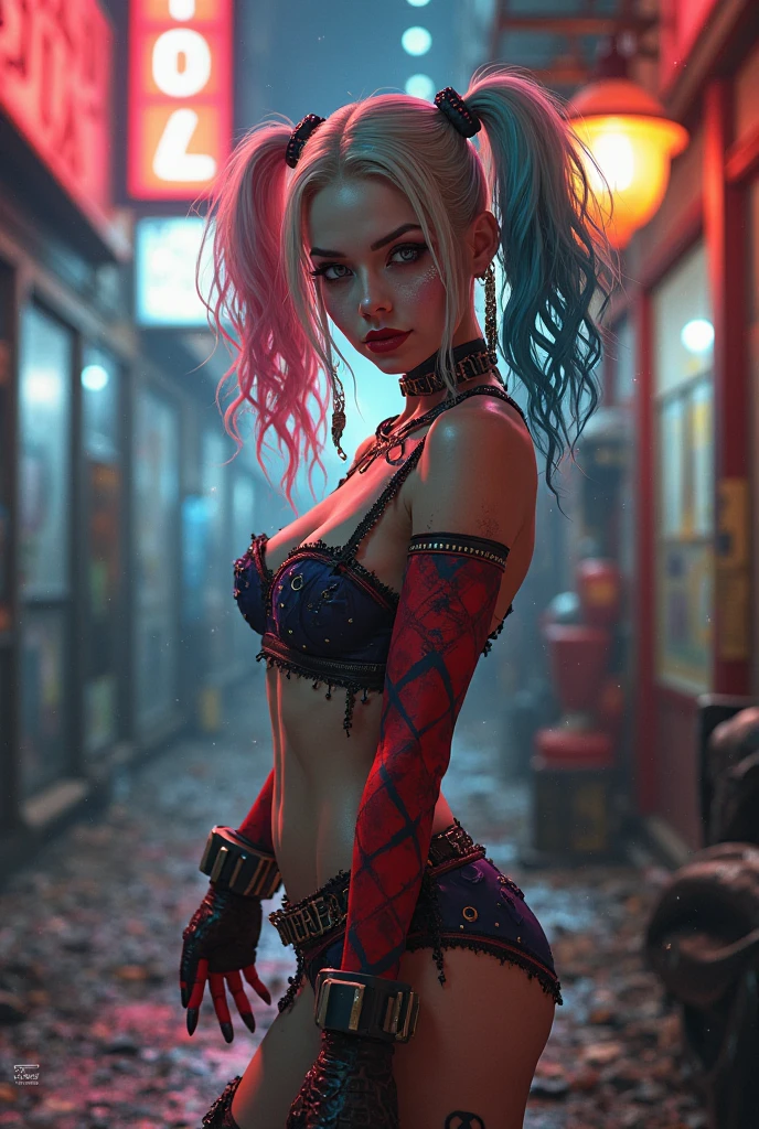 (La Best Quality,A high resolution,Ultra - detailed,actual),harley quinn supergils sexy , (Margot Robbie dressed as harley quinn in Suicide Squad all alone) ,(Ruined dungeon ruins background:1.4 ), TOP Negro violent ,(pink hair +red:1.4), MINISKIRT Corto yellow , More detailed 8K.unreal engine:1.4,UHD,La Best Quality:1.4, photorealistic:1.4, skin texture:1.4, masterpiece:1.8,first work, Best Quality,object object], (detailed face features:1.3),(Beautiful blue eyes),  (cowboy pose), ,( cyberpunk 2.1),( harley quinn:1.4),( harley quinn V2.1), (gothic city background), (bright colors:1.4), (Margot Robbie dressed as harley quinn in Suicide Squad all alone), high quality, (RAW photo, best quality), (realistic, photorealistic: 1.4), (extremely delicate and beautiful: 1.4), amazing, fine details, masterpiece, ultra detailed, high resolution, best illustration, best shadow, intricate, ( extremely intricate: 1.2), (exquisitely detailed skin), cinematic light, perfect anatomy, (cool color: 1.4), sharp focus, 8k UHD, DSLR, (Fujifilm XT3), score_9, score_8_up, score_7_up, score_6_up, rating_explicit, 1girl, ((18YO:1.2)), Adult, full lips, big clear eyes, light blue eyes, ((blond hair:1)), (long wavy hair: 1.2),More detailed 8K.motor irreal:1.4,UHD,La mejor calidad:1.4, fotorrealista:1.4, textura de la piel:1.4, obra maestra:1.8,obra-prima, mejor calidad,objeto Objeto], (detailed face features:1.3),(Las proporciones correctas),(Ojos hermosos azules),  (pose vaquero)