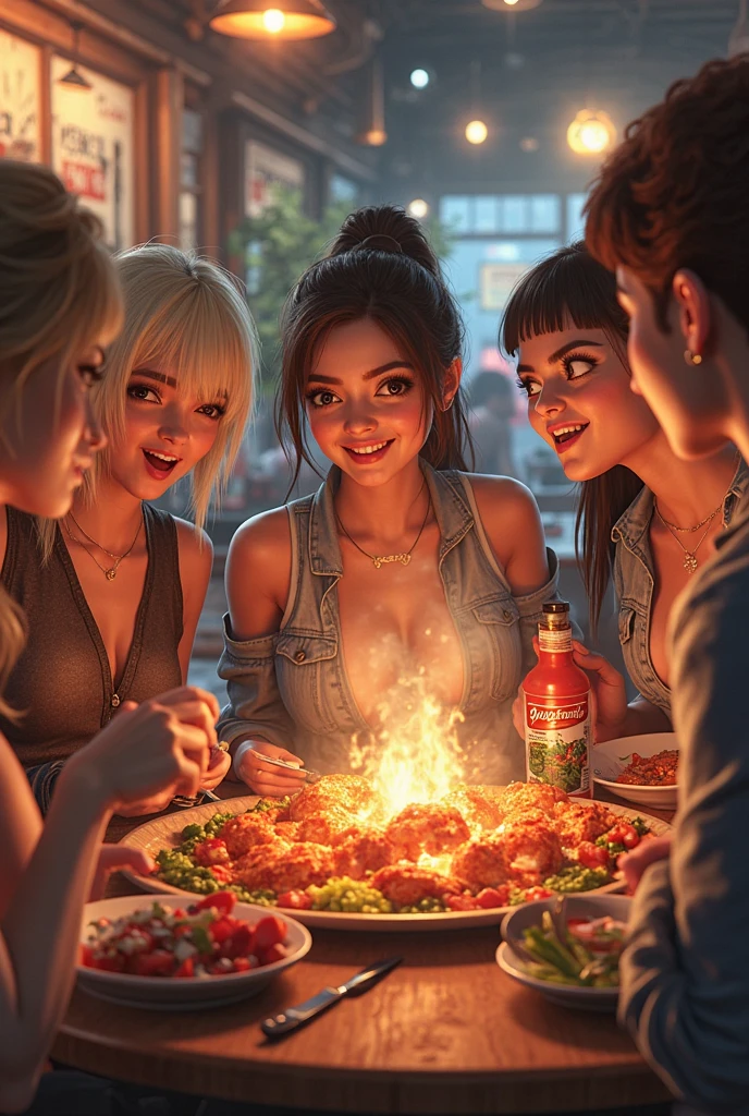 seven friends celebrating at a barbecue, anime style --auto --s2