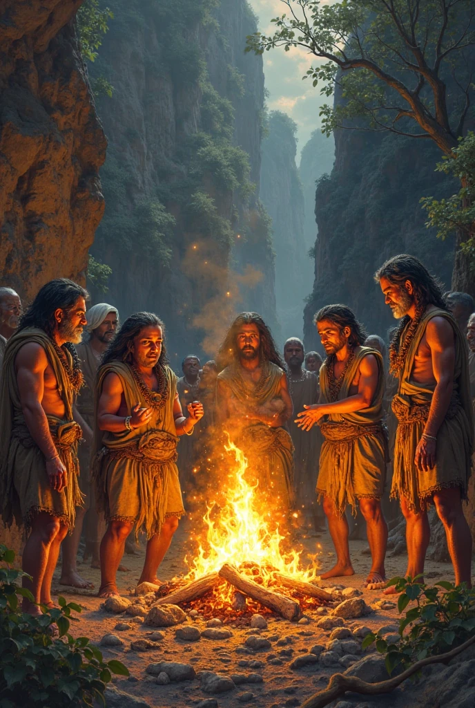 An artistic representation of Prometheus presenting fire to humankind, surrounded by awe-struck humans in a primitive setting, with flames illuminating the scene.
