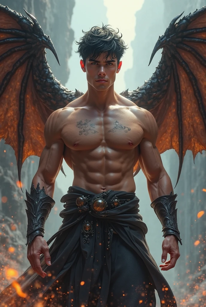 Photo-realistic, ((best quality)), ((masterpiece)), (detailed), perfect face, short hair, the devil, masculine portrait of the devil, personification of The Devil, evil look, super pale skin, (dark massive huge majestic black angel wings:1.2), black dragon horns, 18-year-old, super male model, handsome, tall, cute evil looking, dark look powerful, young male model, handsome mythical creature, super strong, muscular, fit, massive muscles, six pack, clean shave, blue eyes. wavy messy brown hair, short messy hair, messy wavy hair, shirtless, bare-chested, muscle, ripped, strong body, fit body, ancient linen Greek small skirt, antique black linen raped cloth skirt, Dark background 8k, high detailed, ultra-detailed, Stylish Pose, real skin texture, dramatic cinematic lighting, ruins Gothic cathedral, ruins, fire, (floor burning:1.4)