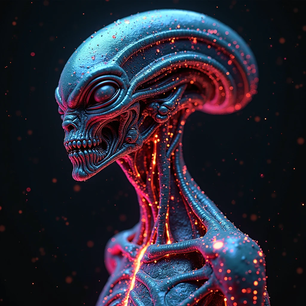 Dark tones，heavy style，Surging and surging，nature，Cold and scary，Dark Universe Background，A masterpiece of ultra-fine detail，Dynamic，Amazing quality，A floating, ethereal, extraterrestrial creature，(Legendary Energy Alien Light Warrior:1.5)，Future alien warrior，Mechanical structure，Cyborg creatures，Liquid Metal，Copperplate engraving，Sci-fi transparent ethereal alien creature，metallic feel，复古Cyberpunk，Surrealism，Arthur Effect，Transparent body，Gradient translucent glass melts，Caustics，Clear glass texture，Rainbow colors，Designed by Dietrams，concise，Detailed sparkle，black background，industrial design，Studio lights up，C4D，Overclocking Renderer，Clean shadows，8k，Cyberpunk，Holographic projection，Fault Art，Mechanical aesthetics，Neon lights，laser light，Fluorescence，Glow Effect，Liquid Metal，Copperplate engraving，Unreal Engine，A masterpiece of ultra-fine detail, Dynamic and realistic digital art, excellent quality, DonMX3n0XL, Slim Fit Clothing, Sonic Nanofiber, Bat sleeves, Landing length, nature腰围, Sequin decoration, Cargo belt, Bio-organic alien, Weird light