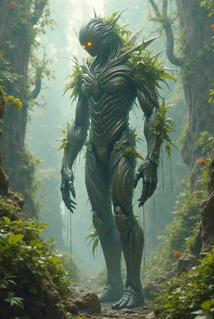 A striking image of a giant Earth Golem in its natural habitat. The Golem, covered in green vines and moss, stands tall amidst a lush forest. Its ancient, stone-like form is a testament to the power of nature. The background reveals a sunlit clearing with a stream flowing gently, and a variety of trees and plants thriving around the majestic creature. dw01-3400