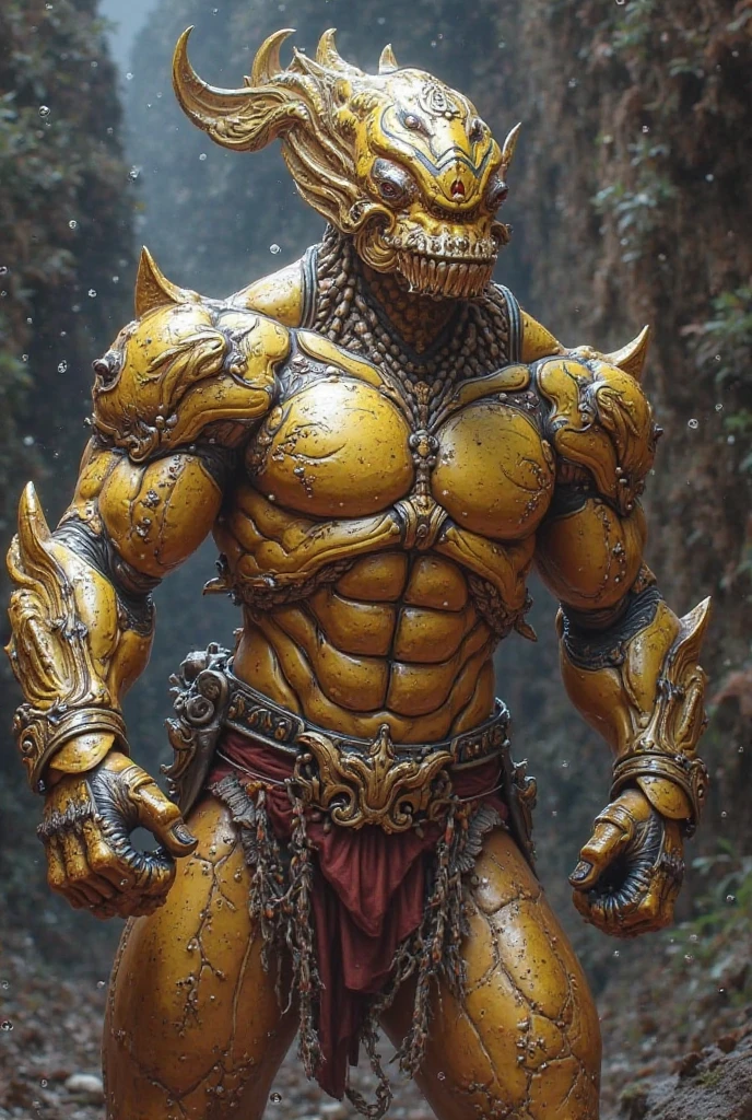 (masterpiece, intricately detailed, highest resolution, best quality:1.2), (doujin), a cocky Latino Instagram influencer,a 24 y.o muscle stud with a muscular physique sitting on a chair with black eyes,dark-skinned male, wearing a ((garo makai inspired costume, armor, gauntlets, boots, tight shirt, gold metal ornaments, gold gear uniform)), (excessive cum), (cum on body), (cum drip), flaccid penis,saggy balls,hairy chest,vascular,muscle striations,soft light,fantastic realism,