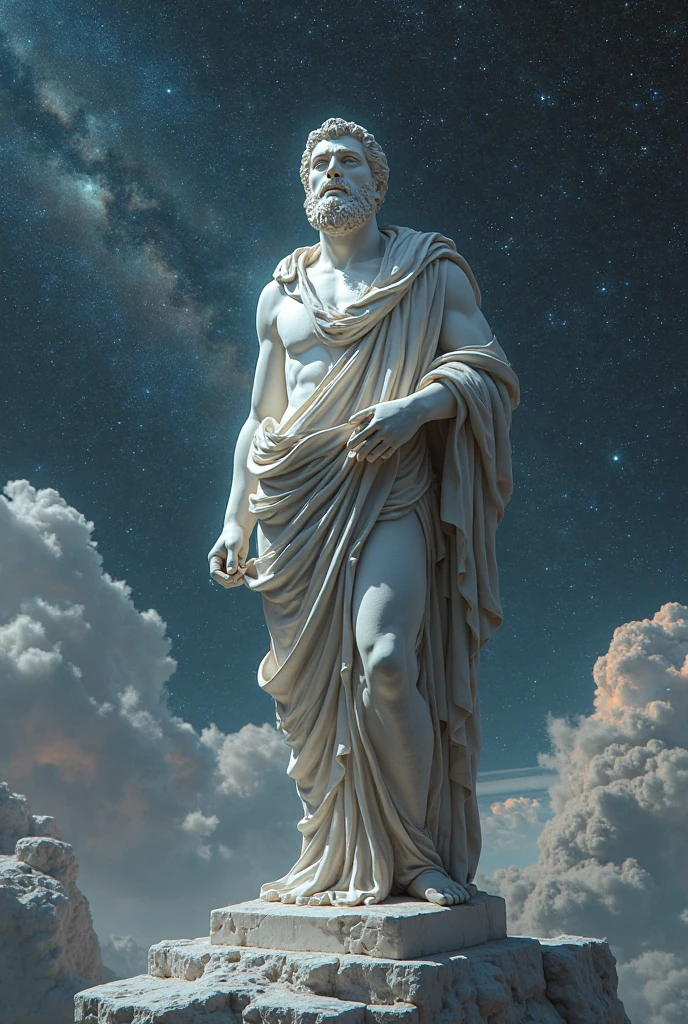 Une sculpture grecque masculine géante avec une toge qui tient dans sa main la planète Terre et elle verse du sel avec son autre main sur la Terre. Dans le vide spatiale avec des étoiles etc...
La statue a des yeux jaunes brillants et est bienveillante 