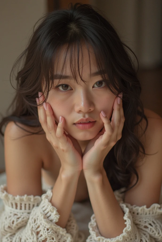 masterpiece, Highest quality, photograph, Lying in bed,They flash a provocative smile at the viewer., Full body portrait, Bold Pose,Lift your legs、kiss、I can see the side,Medium Hair,((Straight Hair,Keep your bangs straight down)),(Thin face,Small jaw,Wide forehead,The space between the eyes is narrow)