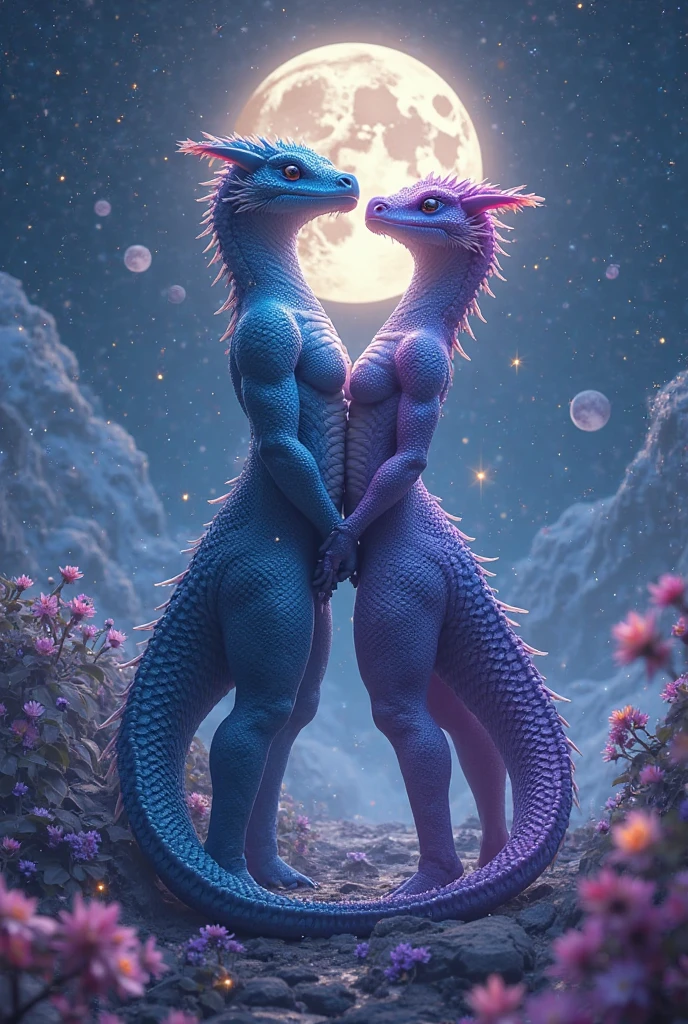 Green male reptilian and female reptilian , they have sex lying down looking at the starry sky with a galaxy . In the background we see purple crystal obelisks with windows.