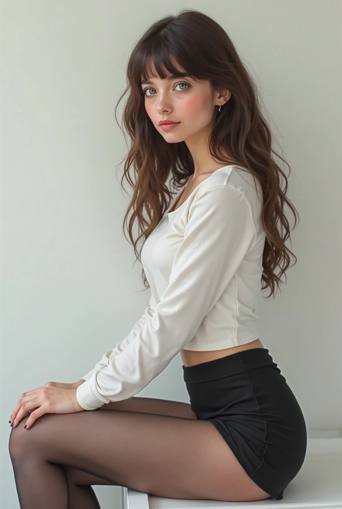 Medium view, of young model, 19 year old, very pale skin, milf, face portrait, skinny, achne, brunette hair, leather jacket over sweater, leather leggings, in cozy home