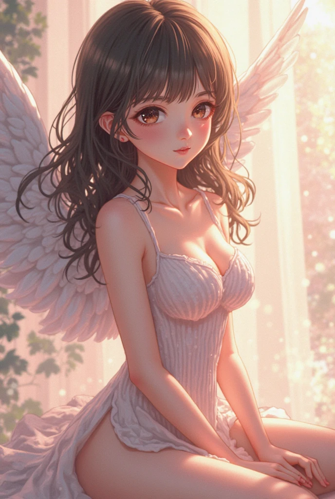 (extremely detailed CG unity 8k wallpaper), (masterpiece), (best quality), (ultra-detailed), (best illustration), (best shadow), (absurdres), 
BREAK
girl, sweat, steam, medium breast, nsfw, shy, looking at viewer, light smile, Angel Wings,