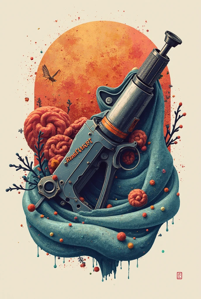 Create an image where you see a tattoo machine and an embroidery needle and thread and the image says yetty productions with embroidery thread and a sewing needle with a skull