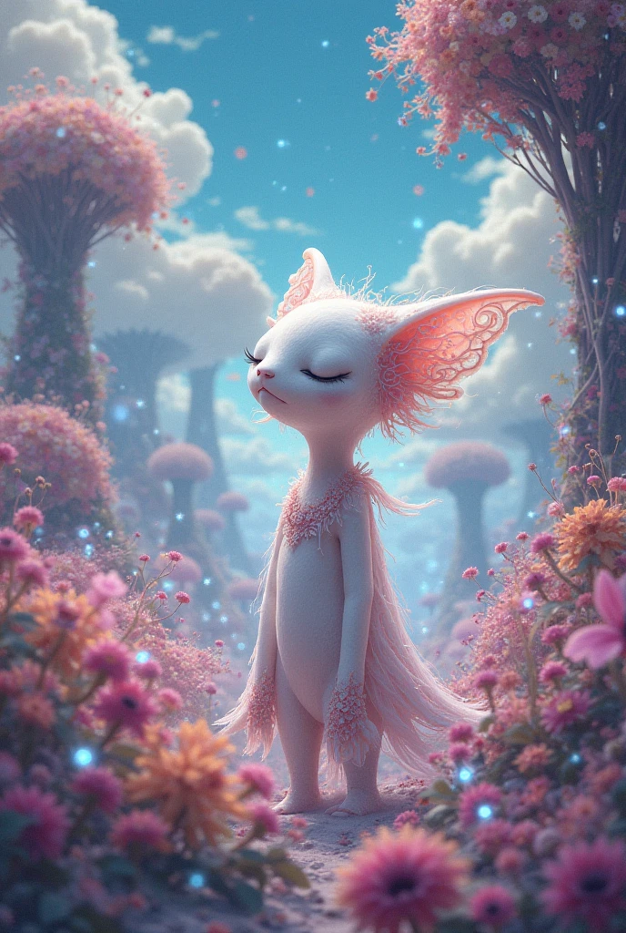 General figure:

Height: A little taller than Kazuki, about 2 meters.
cos: thin and slender, with a relaxed and graceful posture. Their appearance is similar to the Tairants., but with a more subtle and refined touch.
Skin and Appearance:

cor da pele: Pale pink, almost translucent, with a soft glow that gives the impression that it is made of crystal or mist.
texture: Skin appears smooth and luminous, reflecting light in a subtle and charming way.
badass clothing e Acessórios:

badass clothing: Amarus is naked, but her skin is covered by an ethereal aura that resembles a light, flowing garment.
detaileds: Around your body, small points of light float, as if they were stars, adding a magical touch.
muka e expression:

muka: It has human traits, but with a striking smoothness and symmetry. Your eyes are big and expressive, with a soft blue glow that conveys wisdom and empathy.
expression: He smiles in a friendly and welcoming way, giving a feeling of tranquility and mystery.
enviroment:

Location: He is sitting on a hill covered in blue grass, which creates a vibrant contrast with her pink skin.
fund: The scenery is serene, with a sky that mixes shades of white and blue, creating a magical and tranquil atmosphere.
Aura and Atmosphere:

Aura: It emanates a soft and luminous aura, with a mix of light blue and white, that makes the surrounding environment seem enchanted and peaceful.
General Feeling: The scene conveys a feeling of calm and enchantment., highlighting the unique and mystical nature of Amarus.
