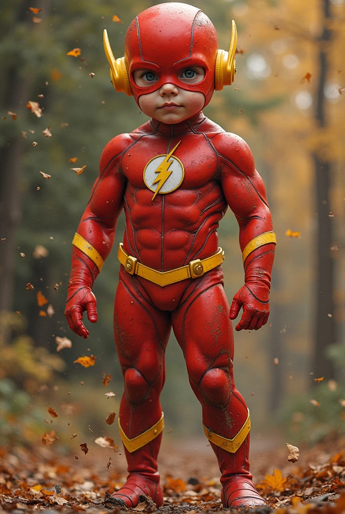 hyper realistic, photo of kid , wearing the the Flash costume create from used cardboard with a lot of crack in costume, the costume with intricated texture details. Standing in chaotic Indonesian village look like Gotham City ,background pile of Indonesian used cars. Setting in year 1990.  Late afternoon, overcast lightning, shot on Kodak Portra 200, full body, film grain, nostalgic mood.
