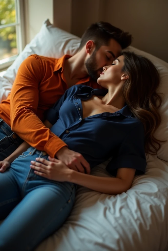 man and woman hugging on bed kissing
