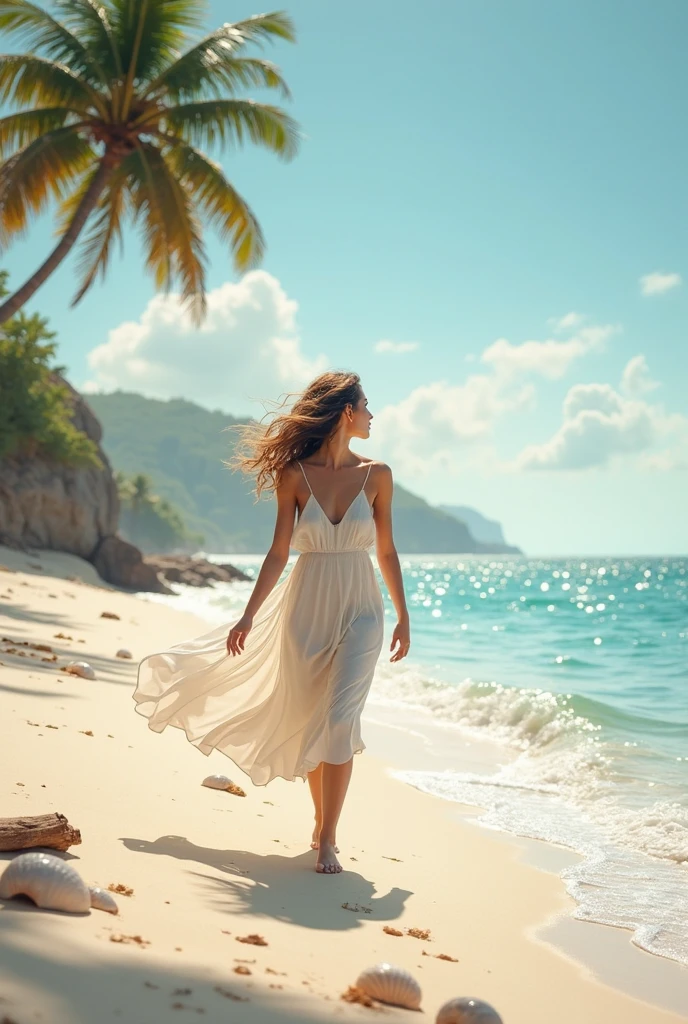 A breathtaking, environmental photoshoot featuring a beautiful woman in a flowing, white dress, walking along a pristine, golden sand beach at sunset. Ultra-high definition, 8K resolution, with warm, glowing light and a lush, tropical backdrop of swaying palm trees and turquoise waters. Shot with a wide-angle lens to capture the expansive beauty of the beach and the woman's serene, contemplative mood.