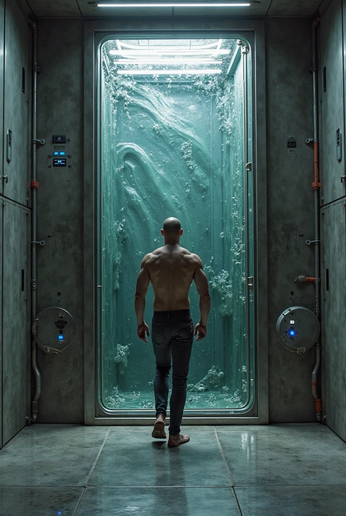 A heavily built bald athlete with a broad chest and a slim waist taking a shower under a cascading downpour, steam enveloping the scene, soapy bubbles floating around, modern tiles, bright modern bathroom setting, medium view, seen from a low angle