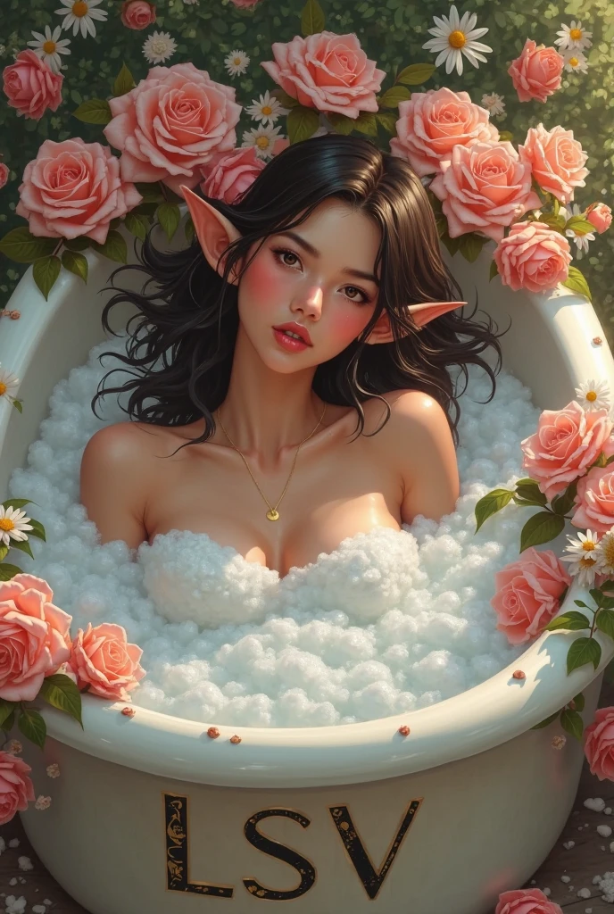 (nsfw 1.1), ((1girl)), ((masterpiece)), realistic, ((highly detailed:1.3)), beautiful (little, tiny) dark skinned elf princess bathing in a marble tub, ((very long black hair)), dry hair, round face, big eyes, cute stubby nose, wearing a sheer bathrobe, clothed bathing, ivorygoldai, royal palace bathroom setting, steam, ornate marble tub, (rose petals floating in water:1.3), early morning light, windows, crepuscular lighting, dynamic pose, dynamic angle, (nude, nudenudenudenude, nude), no foam, no bubbles, nothing on breasts, ((very small little breasts, tiny breasts, flat breasts, flat breasts)) lots of body details, very small bottom, still water, spreading legs, inner labia visible
